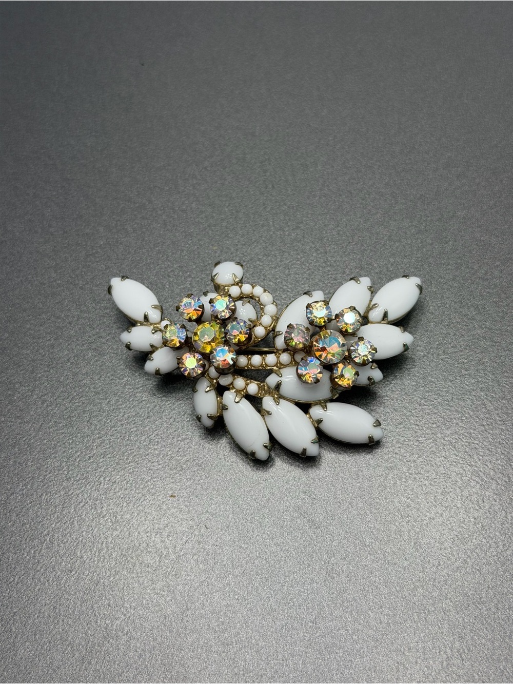 🔥2/$100 White Milk Glass and AB rhinestone  Brooch